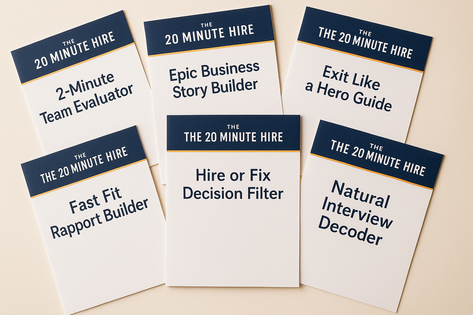 The full set of 20-Minute Hire guides fanned out across a wood desk