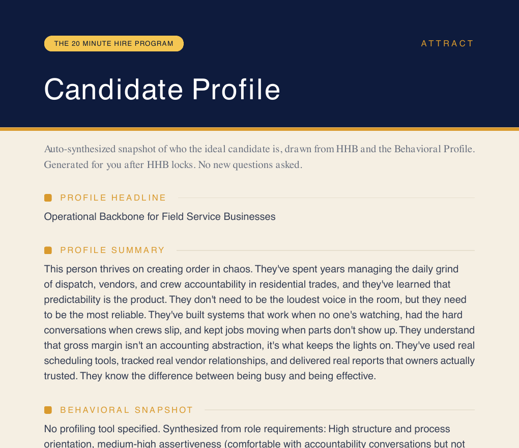 First page of a Candidate Profile document built by the 20 Minute Hire